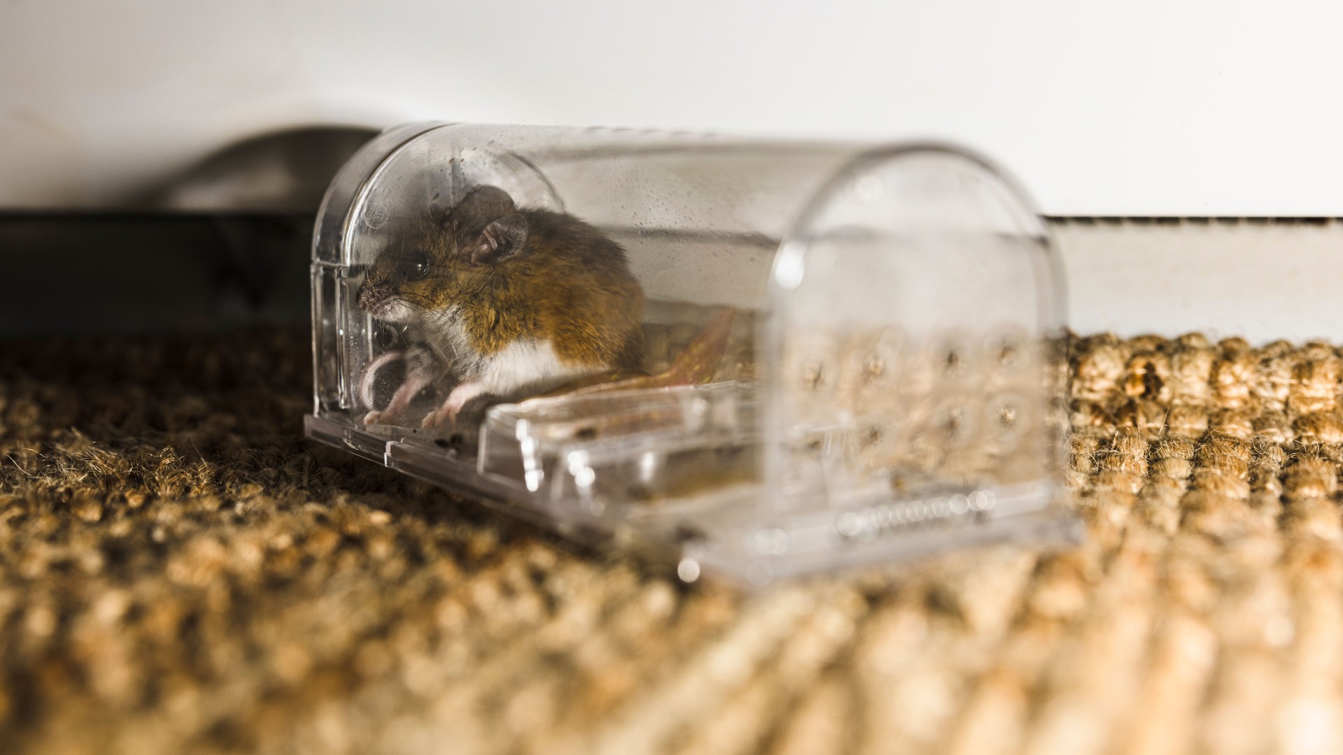 Mousetraps and rodent control. Transparent modern trap nabs gray house mouse in the house